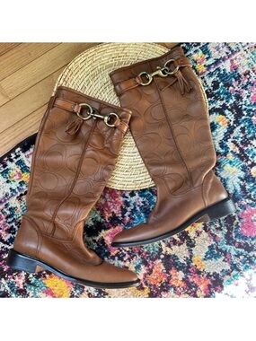 Coach Vivica Italian Leather Logo Embossed Riding Boots
